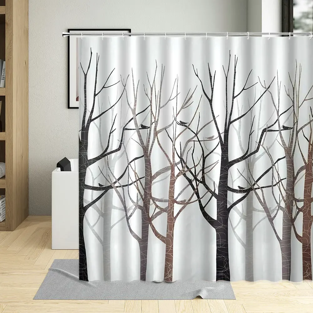 Simple Black White Forest Birches Tree Branch Shower Curtain Trunk Texture Art Design Hand Drawn Bathroom Curtains Screens Decor