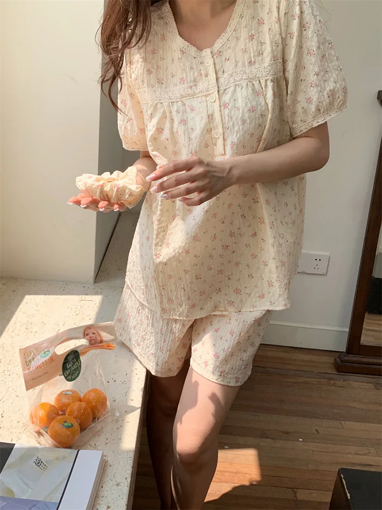 Soft Summer Floral Print Flowers 100%Cotton Sweet Short Sleeved Pajama Set Women Princess V-Neck Home Casual Sleep Tops Ins