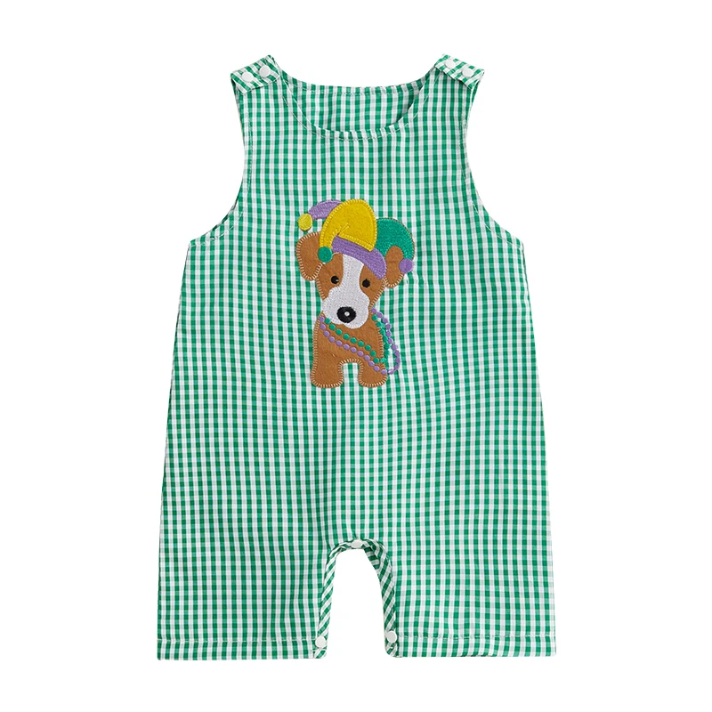 Baby Summer Rompers Soft Plaid Puppy Pattern Button Sleeveless Crew Neck Newborn Jumpsuits