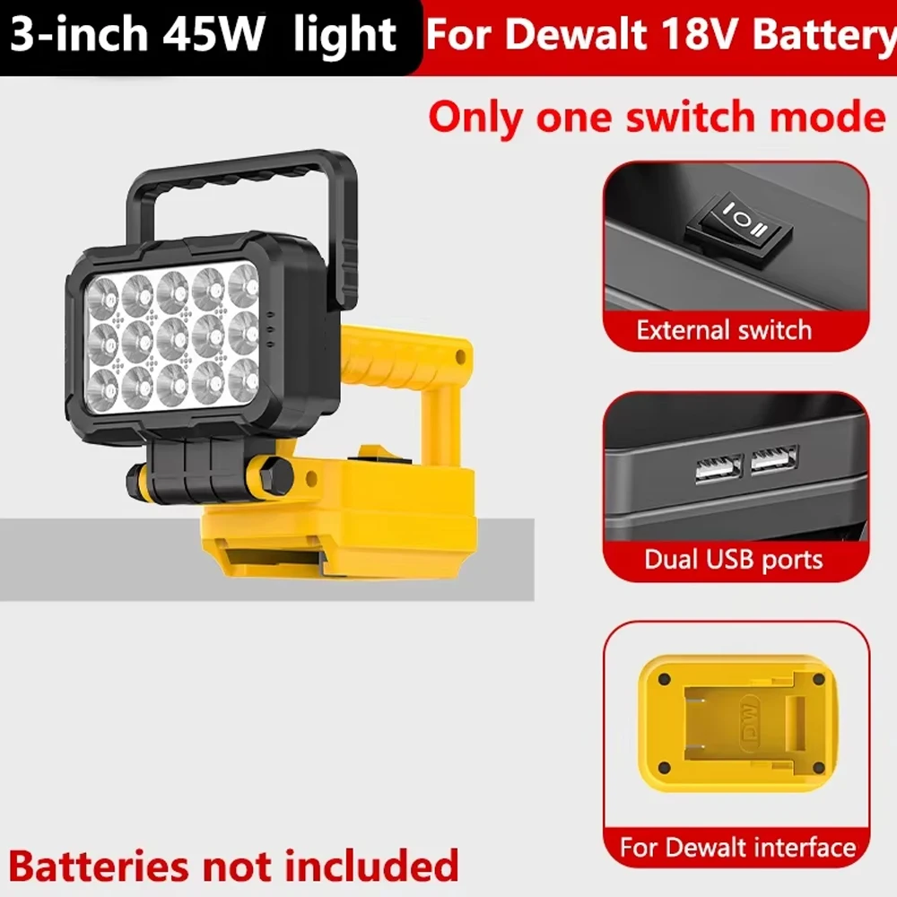 Für Makita/Dewalt/Milwaukee 14,4V 18V Li-Ionen-Akku 3 Zoll mit Dual-USB-Hakenlampe, Handlaterne, Scheinwerfer (ohne Akku)