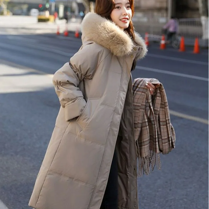 2023 New Women Down Jacket Winter Coat Female Mid Length Version Parkas Artificial Fur Collar Outwear Thick Hooded Overcoat