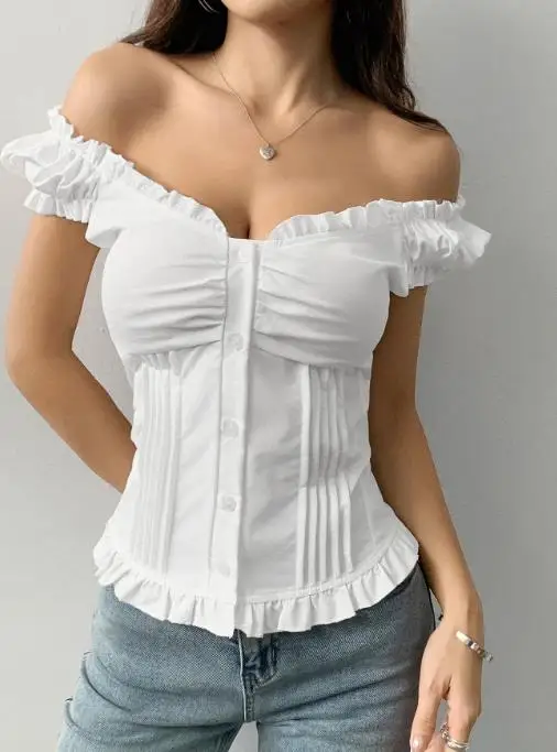 

Y2K Spicy Girl Style Summer Short Sleeved Mushroom Edge Vest Solid Color Elegant Waist Cinched Pleated Single Breasted Shirt Top