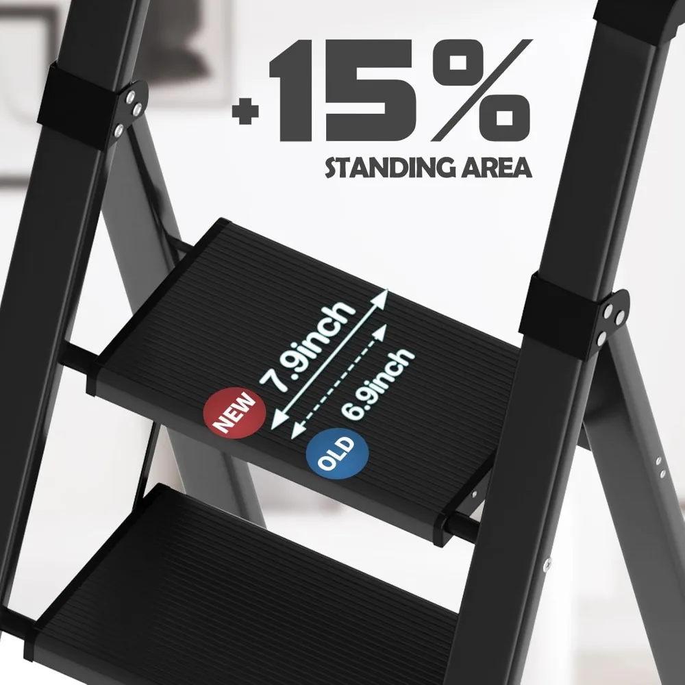 سلم ألومنيوم قابل للطي بثلاث خطوات، خفيف الوزن ومحمول مع مشاعل مضادة للانقسام، قبضة يد مريحة لسهولة الاستخدام والثبات