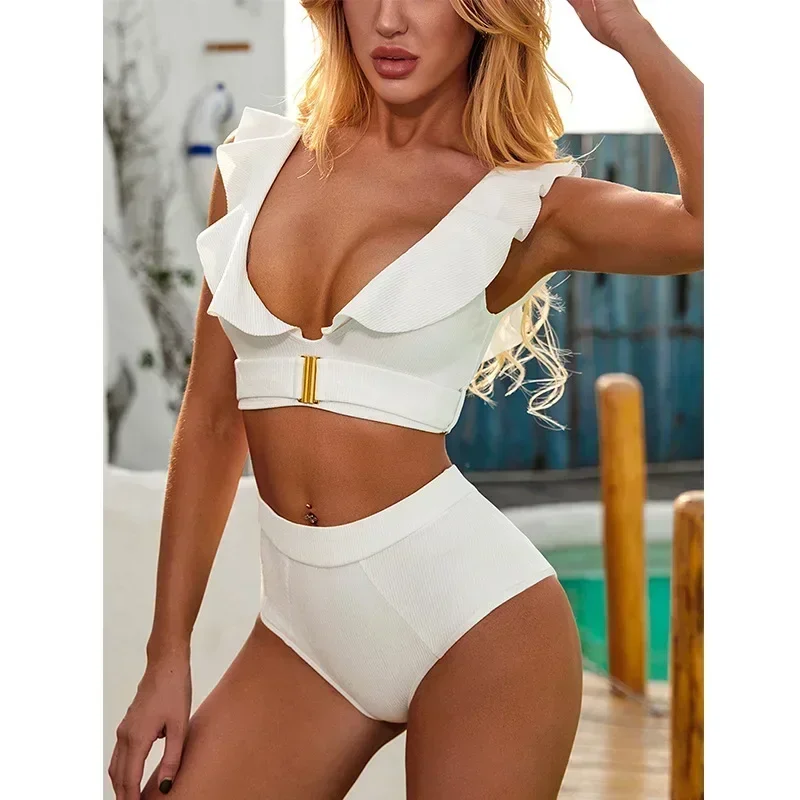 2024 New Sexy Bikini Women White Swimwear Swimsuit Ruffle V-neck Metal Buckle High Waist Beach Bikinis Set Bathing Suit Push Up