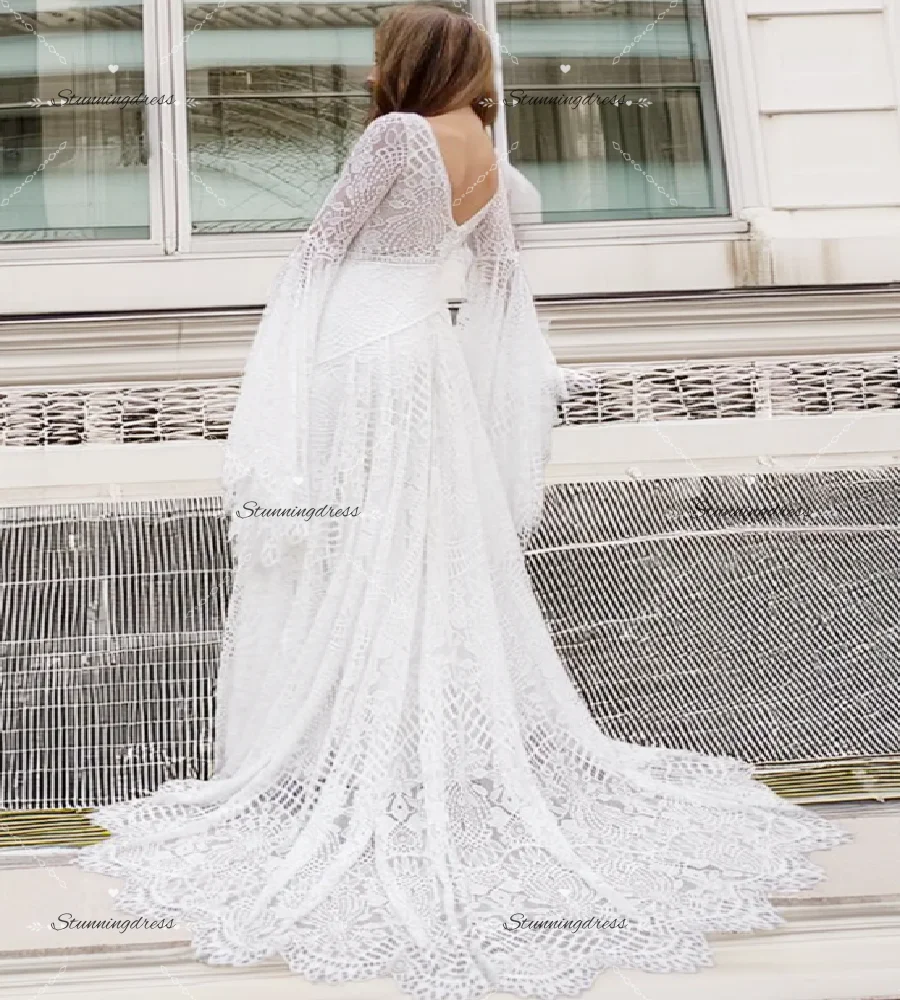 Crochet Lace Bohemian Wedding Dress 2026 Flare Sleeve Backless Boho Bridal Dress Elopement Outdoor Gatsby Beach Bride Dress Chic