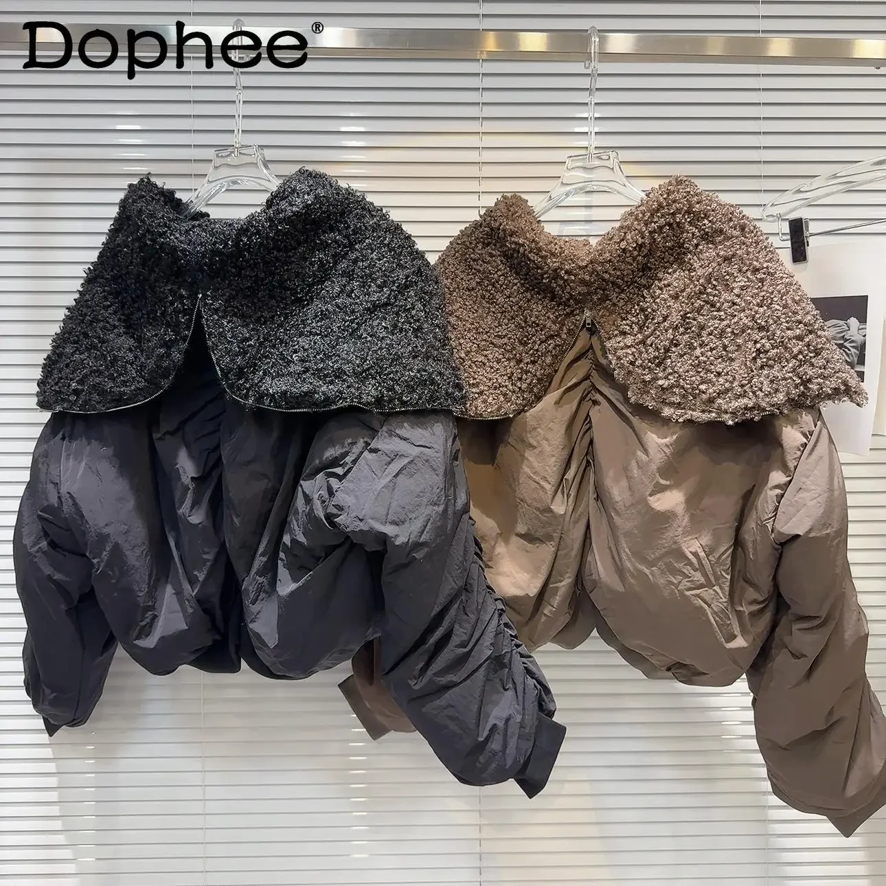 2024 Winter New Fleece Navy Collar Zipper Hat Down Jacket Winter Coat Tide Korean Style Drop Sleeve Short Jackets for Women