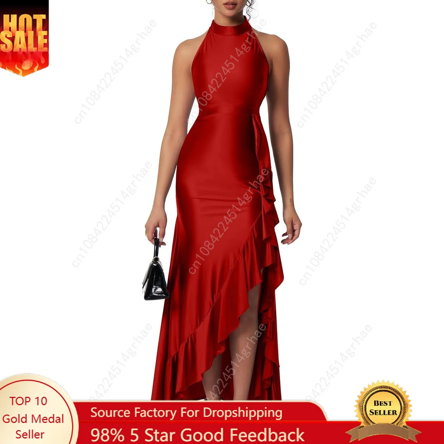 Women's Elegant High Neck Split Bodycon Mermaid Evening Cocktail Maxi Dress