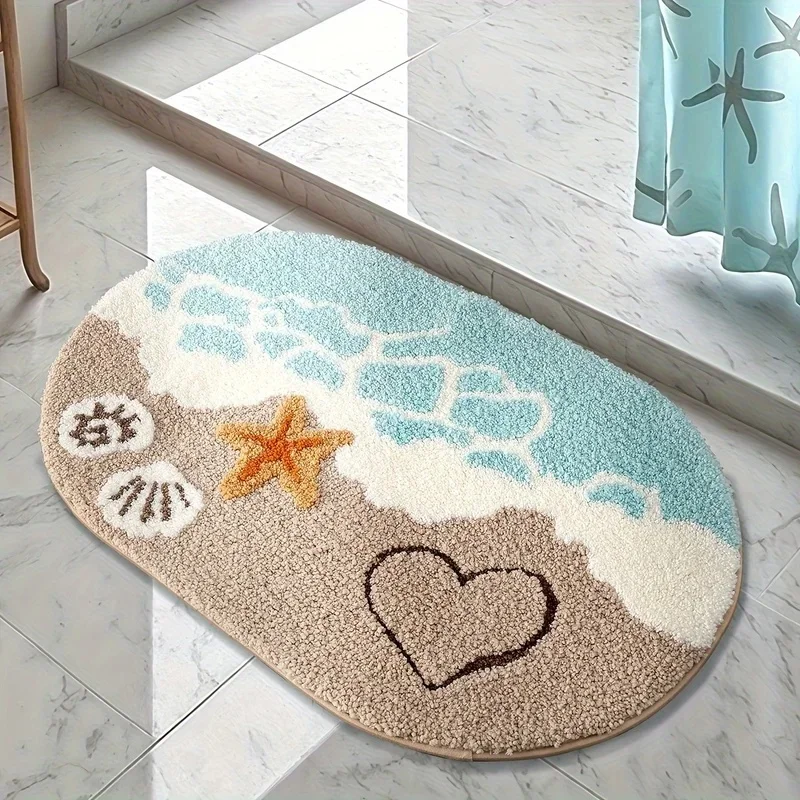 VIKAMA Oval Beach Starfish Shell Bath Mat Non‑slip Soft Plush Ocean Style Floor Rug For Bathroom Home Decor