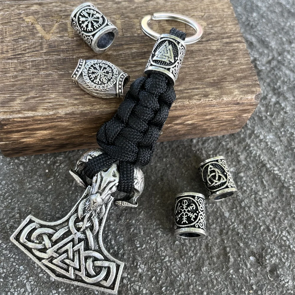 1Pcs Nordic Valknut Goat Ram Thor Hammer Keychain Knife Car Braided Paracord Rope Keyring Amulet