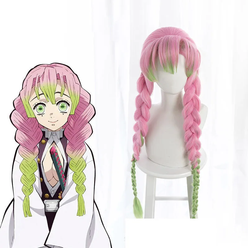 Anime demon female cosplay wig green pink colored braided wig wholesale in stock