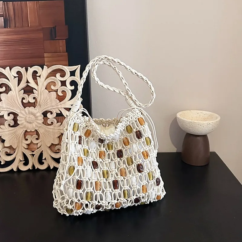 Summer Hollow Out Woven Beaded Crochet Tote Bags Hot Sale Beach Drawstring Bucket Handbag Multicolor Wooden Beads Shoulder Purse