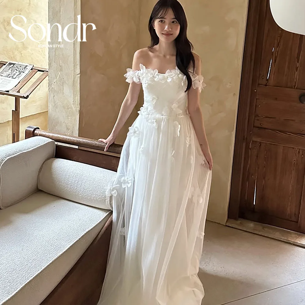 Sondr 3D Flowers Korean Wedding Dresses Boat Neck Tulle Japanese Wedding Party Dresses Photo Shoot Customized Party Gown