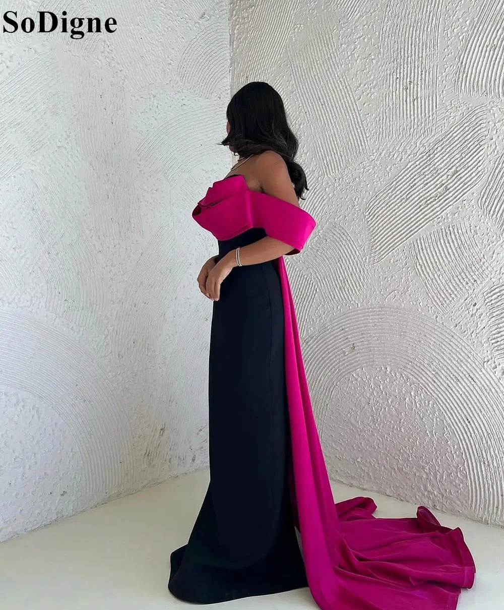 SoDigne Saudi Arabic Mermaid Satin Evening Dresses Black and Fuchsia Off Shoulder Formal Occasion Prom Gown for Women Customized