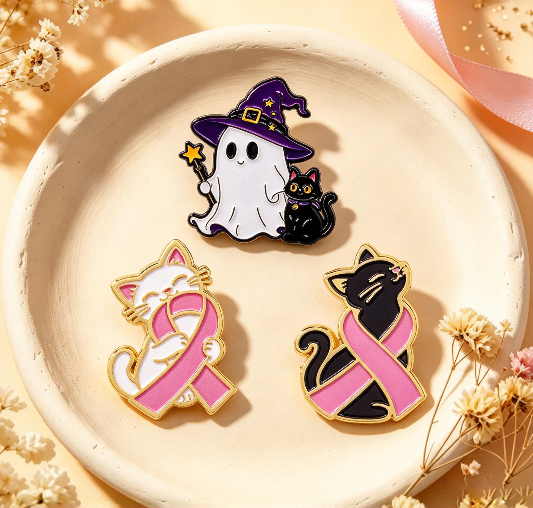 Enamel Lapel Pin Ghost Wizard Hat Black Cat Pink Ribbon Cat Brooch For Backpack Denim Jacket Hat Collar Jewelry Collectible Gift