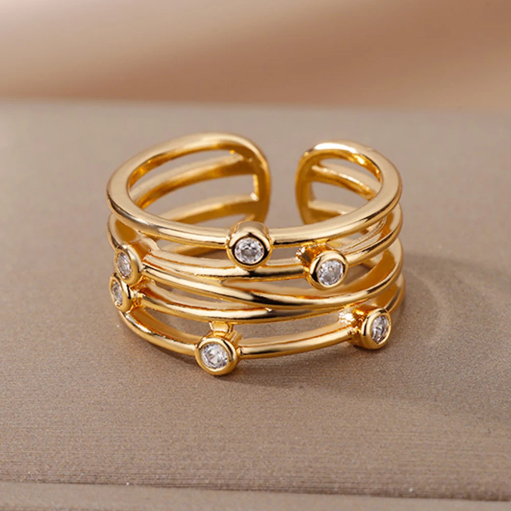 Zircon Multilayer Rings For Women Gold Color Stainless Steel Open Wide Engagement Wedding Ring Female Finger Jewelry 2024 New