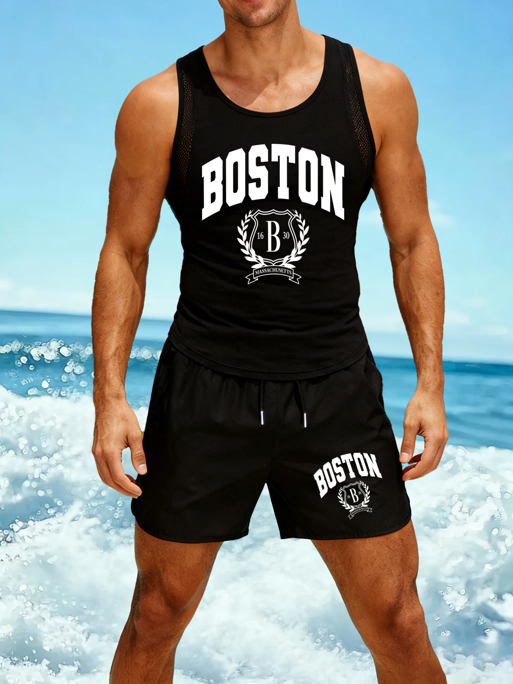 

Boston 1630 Personality Art Prints Mens Reticular Vest Set Fashion Sleeveless Tee Sport Drawstring Shorts Unisex Soft Clothing