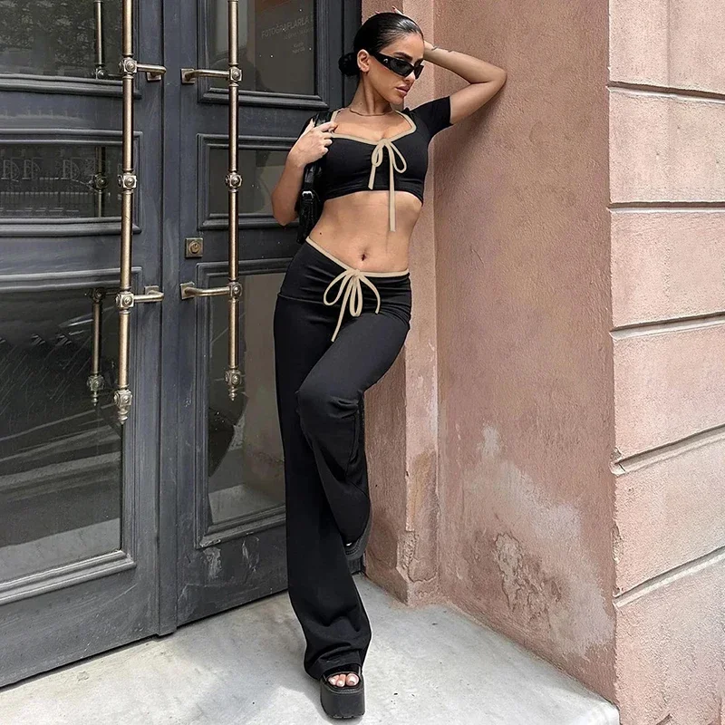 ALTGOTH 2024 New Alt Top Pants 2 Piece Set Women Fashion Y2k Short Sleeve Slim Crop Tees + High Waist Flare Sexy Trousers Female