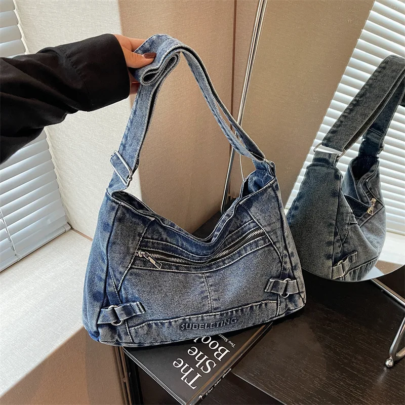 Ins Korean Style Vintage Denim Shoulder Bag Women for Everyday Style Crossbody Letter Bag Casual Fashion Commuting Underarm Bag