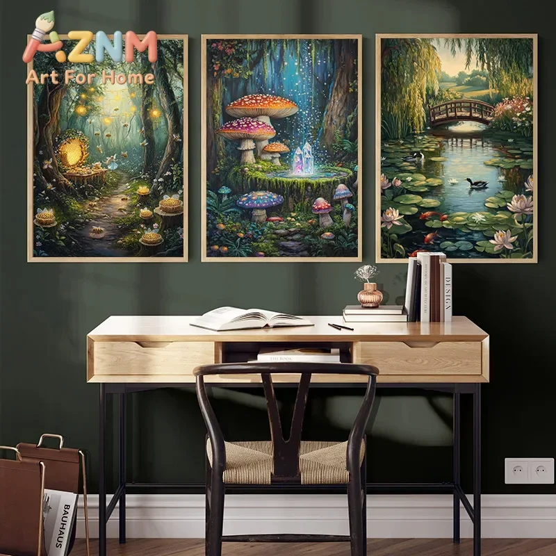 Healing Forest Forest Dark Academia Mossy Skull Water Lilies Twilight Mirror Pond Posters Canvas Paintings Wall Pictures Decor