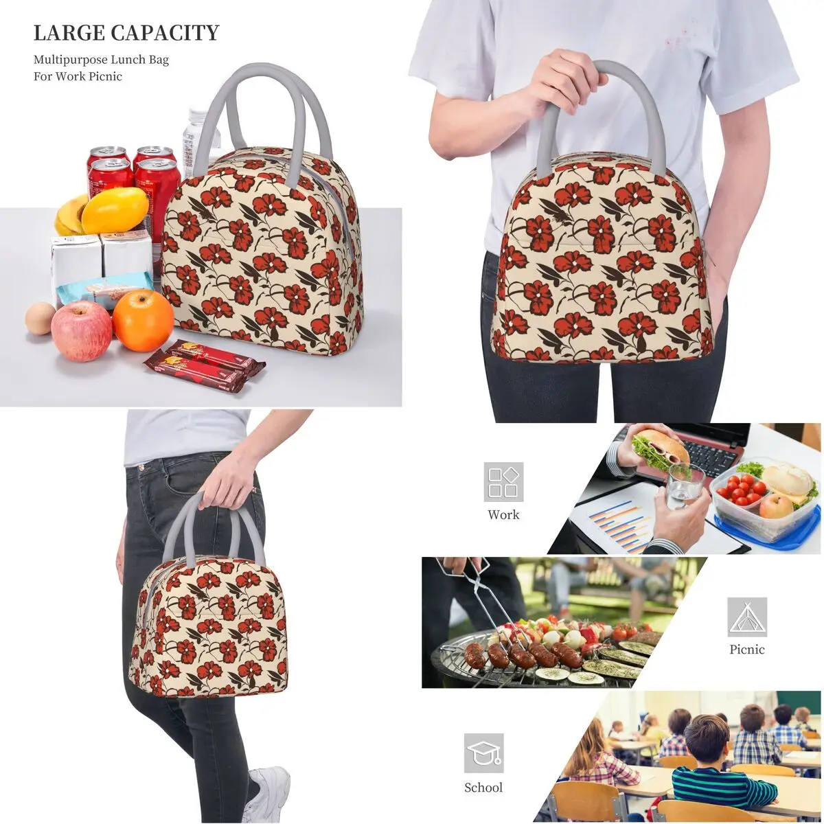 Insulated Lunch Bags Red Flower Product Food Box Fashion Cooler Thermal Bento Box For School