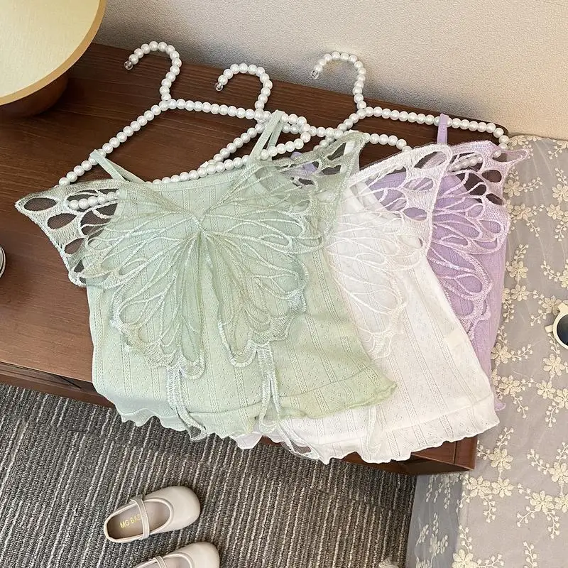Girls T-shirts 2024 New Summer Lace Wings Small Sling Outward Wearing Tank Top Cotton Girl Baby Fashion Top