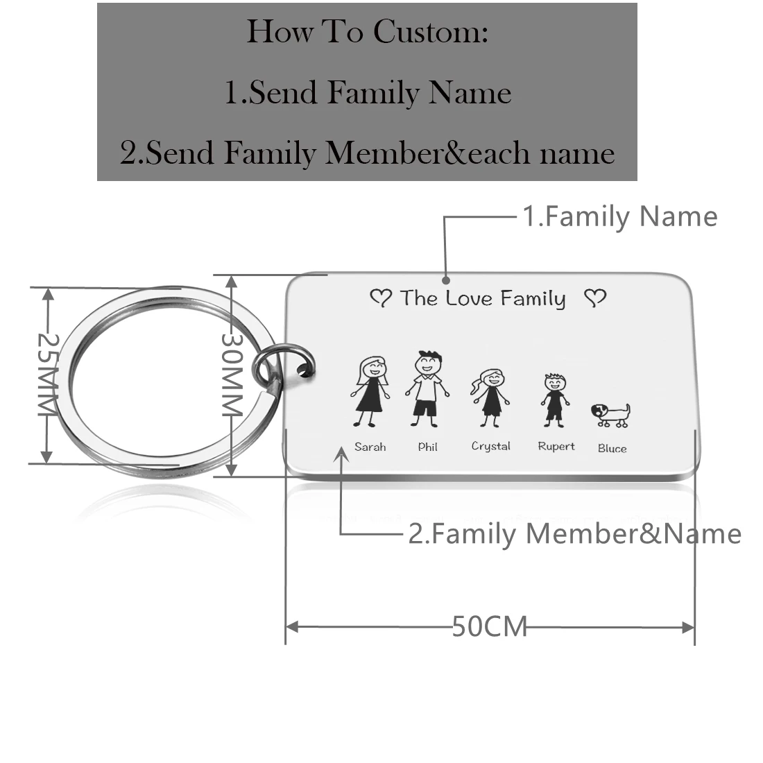 가족 구성원의 맞춤형 키체인, 사랑스러운 귀여운 맞춤형 각인, 가족 이름 열쇠 고리, 부모 자녀 선물