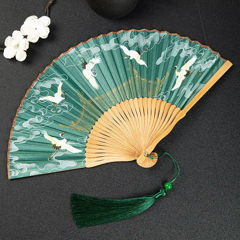 Ancient Style Women Hanfu Hand Fan Chinese Cheongsam Show Performance Dance Fan Crane Auspicious Clouds Portable Folding Fan