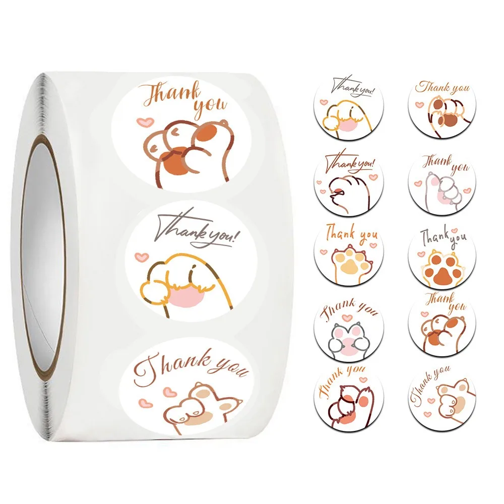 

500 шт./рулон, наклейки с мультяшной кошачьей лапой, милые этикетки с принтом, наклейки для благодарности, канцелярские принадлежности, учитель для студентов