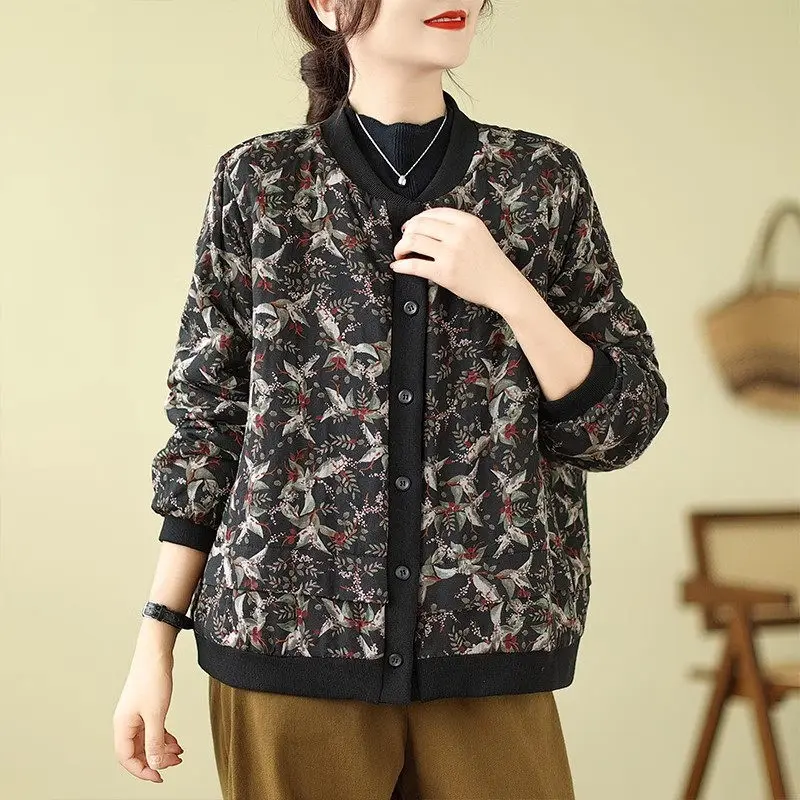 Short Ethnic Style Large Size Flower Cotton Jacket Women's Autumn Winter Loose Casual Warm Baseball Coat Retro Top Z3939