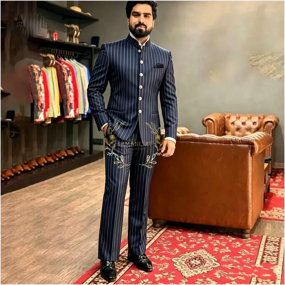 

Navy Blue Pinstripe Men's Suits Fashion Single Breasted Stand Lapel Slim Fit Male Clothing Customzied 2 Piece Jacket Pants Sets