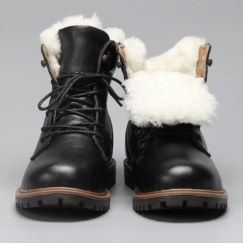 Natural Wool Winter Boots Genuine Natural Cow leather Warmest Men Winter Boots