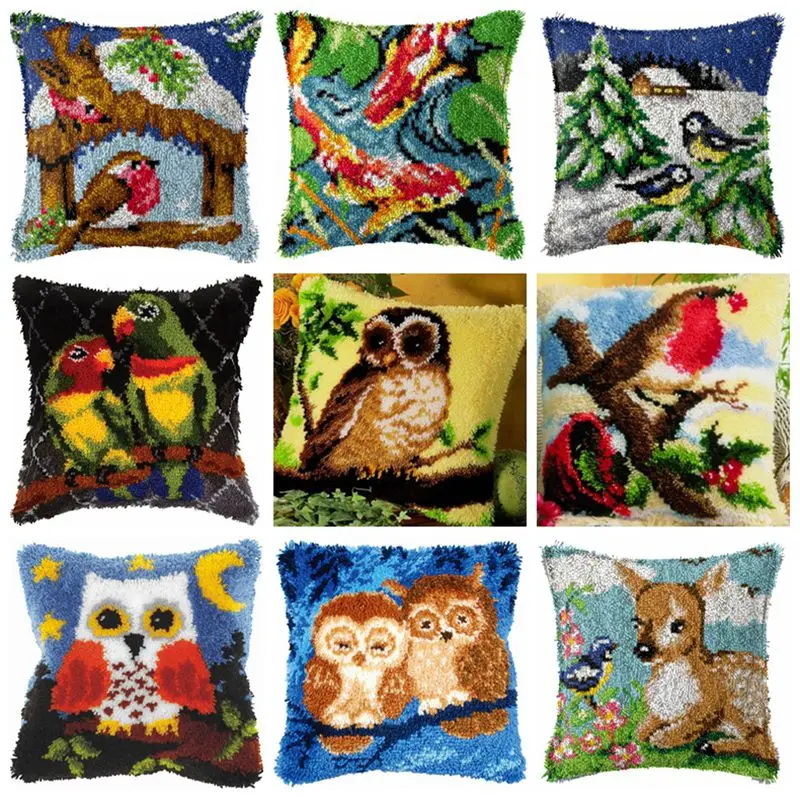 Smyrna Bird Owl Latch Hook Kit Mats Cushion Pillow DIY Craft Animal Cushion Embroidery Latch Hook Rug Needlework Button Packages