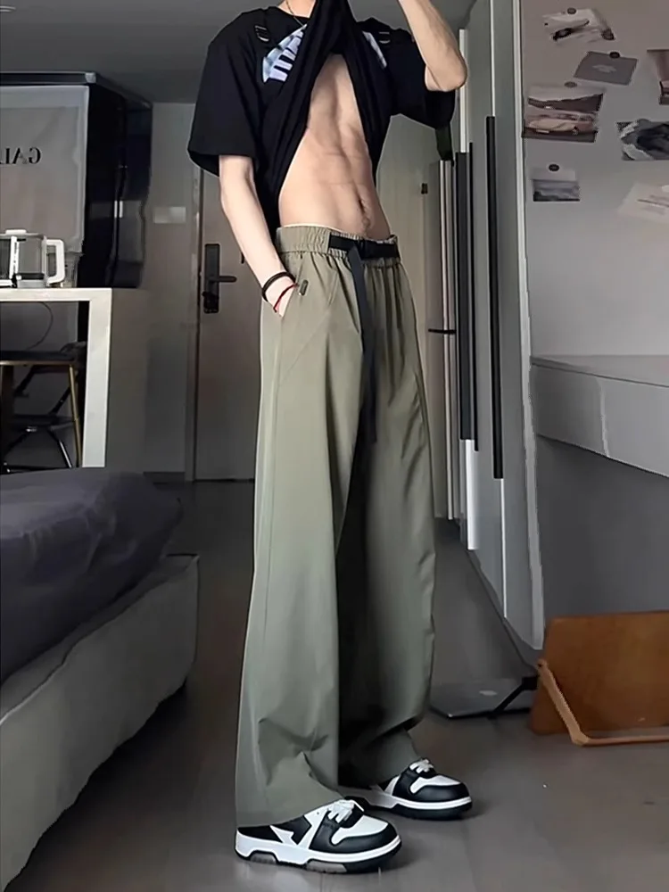 

Мужские летние брюки из ледяного шелка прямого кроя, модные, быстросохнущие, для работы, с эластичным поясом, свободного кроя