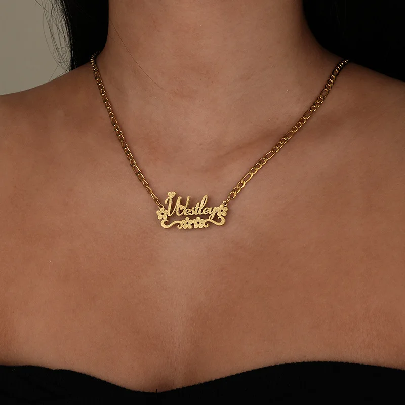 Lateefah Fashion Stainless Steel Double-layer Flower Heart Custom Name Cut Frosted Necklace