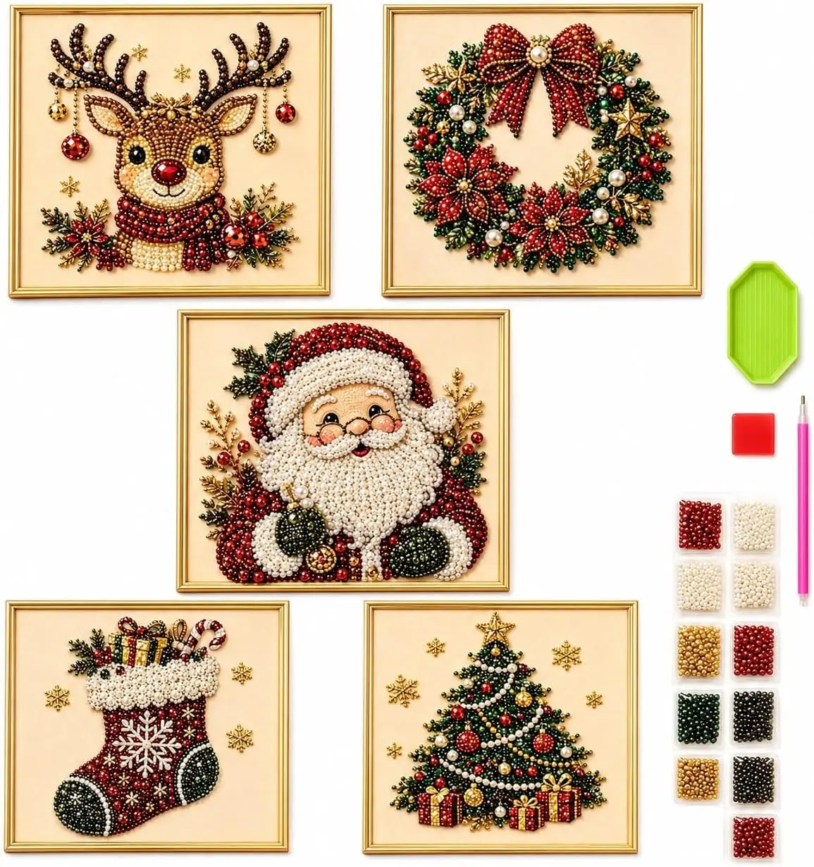 DIY Christmas Pearl Diamond Painting Art Kit with Frame 3D Festive Beads Ornament Craft Set for Adults Beginners Relaxing Hanging Wall Decor Holiday Home Living Room Door Display Gift