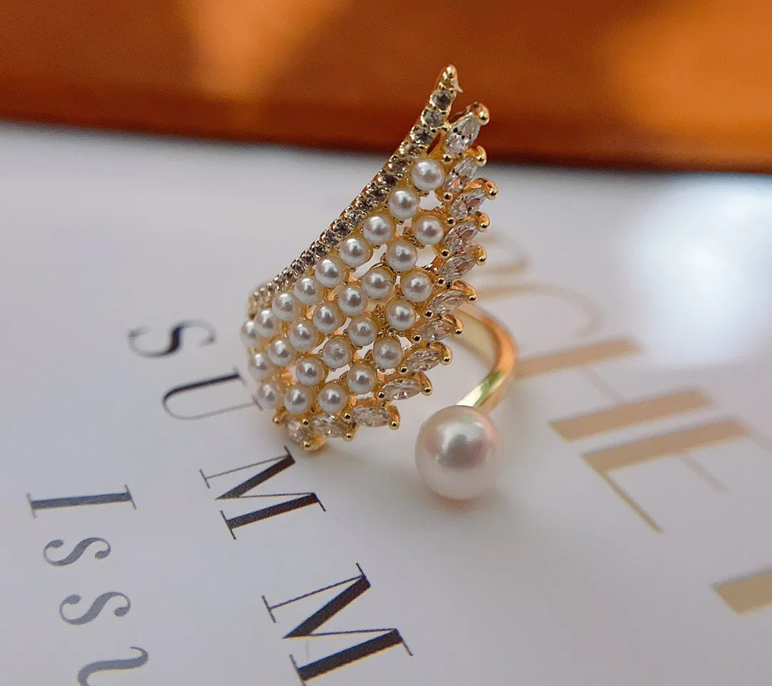 

New Arrival Fashion Feather Design 100% Natural Freshwater Pearl Ring 14K Gold Filled For Women Jewelry Shiny Zircon Ring Gift