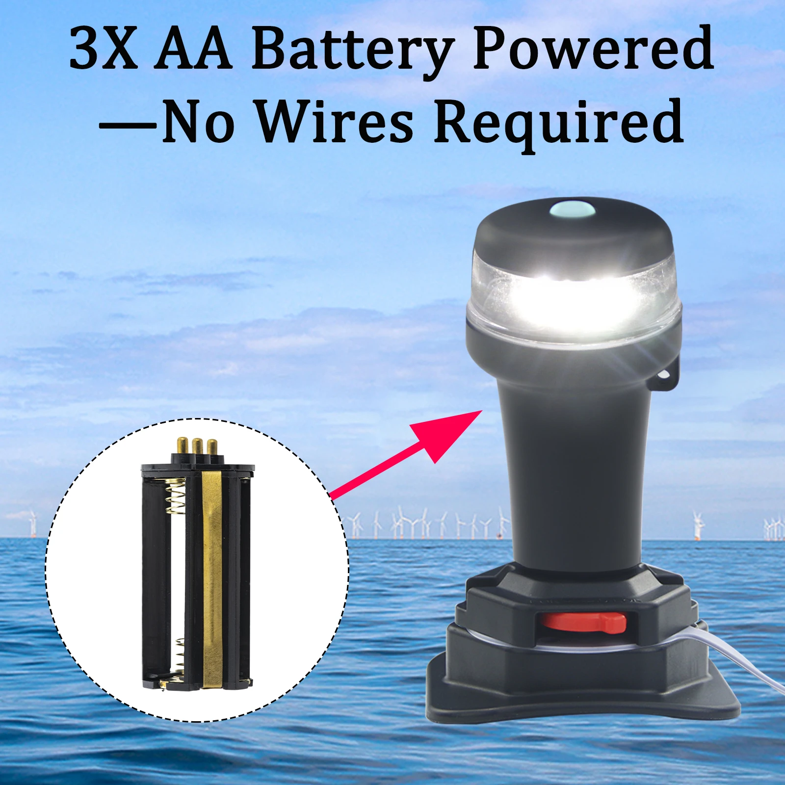 Kajak-Navigationslichter, tragbar, 3AA-Batterie, Rundum-weiße LED-Schlauchboot, Oberflächenmontage, selbstklebende Basis + feste Basis