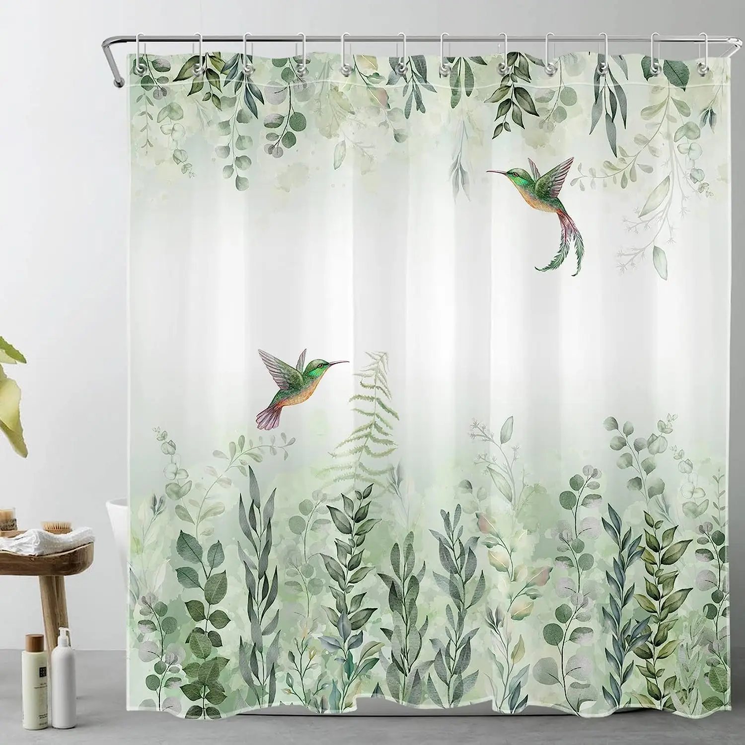 Green Leaves Hummingbird Shower Curtain Eucalyptus Leaf Watercolor Flowers Plant Butterfly Bird Fabric Bathroom Decor with Hooks