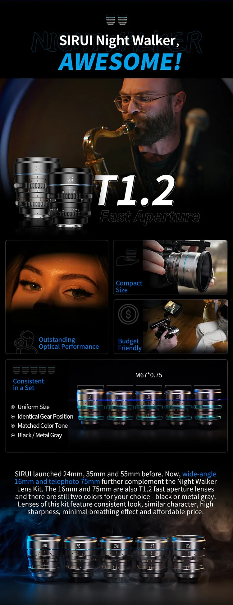 SIRUI Night Walker T1.2 S35 Cine-Objektiv 16mm, 24mm, 35mm, 55mm, 75mm Große Blendenöffnung Manuelles Fokus-Objektiv – Detail 2