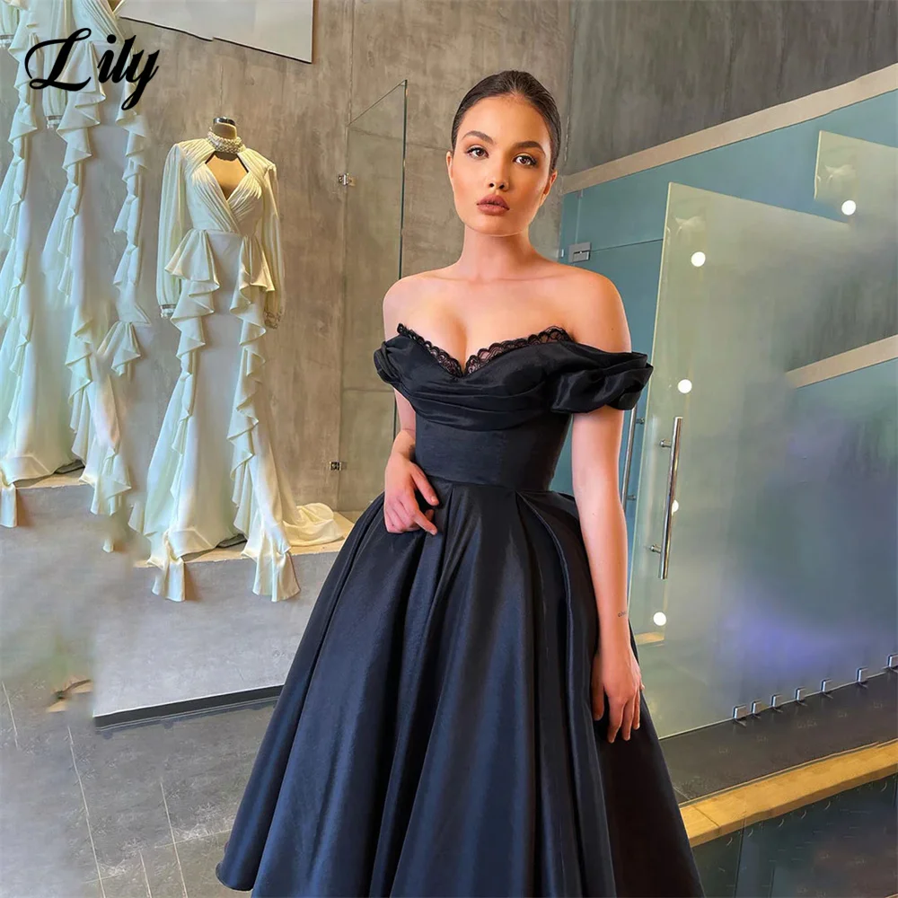 Lily Stain Beach Evening Dresses Black Pleat Off the Shoulder Prom Dresses Sweetheart Lace Custom Size платье на выпускной