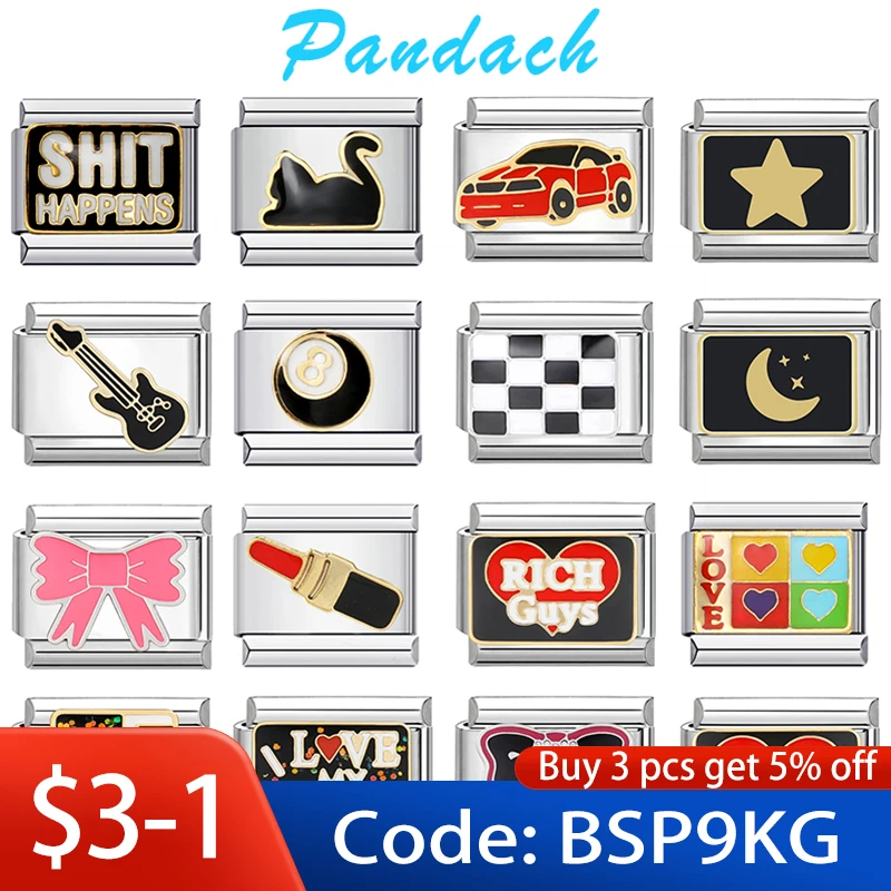 

Pandach New Fashion Star Moon Black Cat Owl Lipstick Italian Charms Links Fit 9mm Bracelets Stainless Steel DIY Jewelry Making