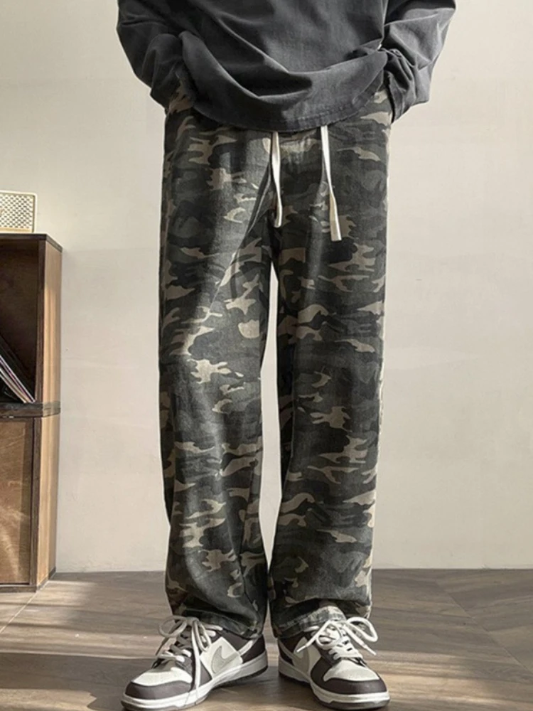 

Мужские камуфляжные брюки-карго, весенне-осенние хлопковые брюки прямого кроя, свободные брюки с завязками на талии, уличная одежда, повседневные брюки