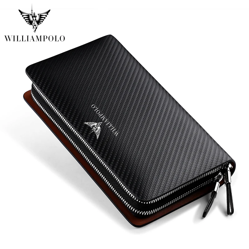 WILLIAMPOLO Men\'s Wallet Business Large Capacity Clutch Bag Genuine Leather Clutch Wallet Double Zipper Handbag Long Men Wallet