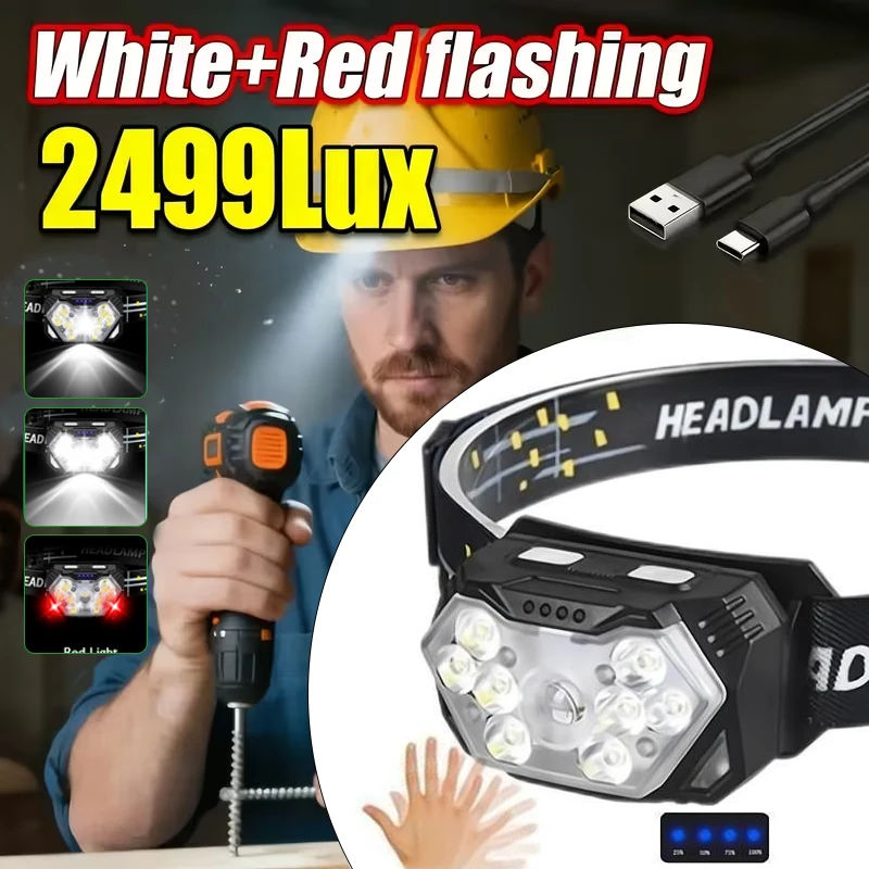 New 2000LM Ultra Bright 9 LED Headlamp USB C Rechargeable Headlight 10 Modes Waterproof Motion Sensor Head Lamp Work Flashlight