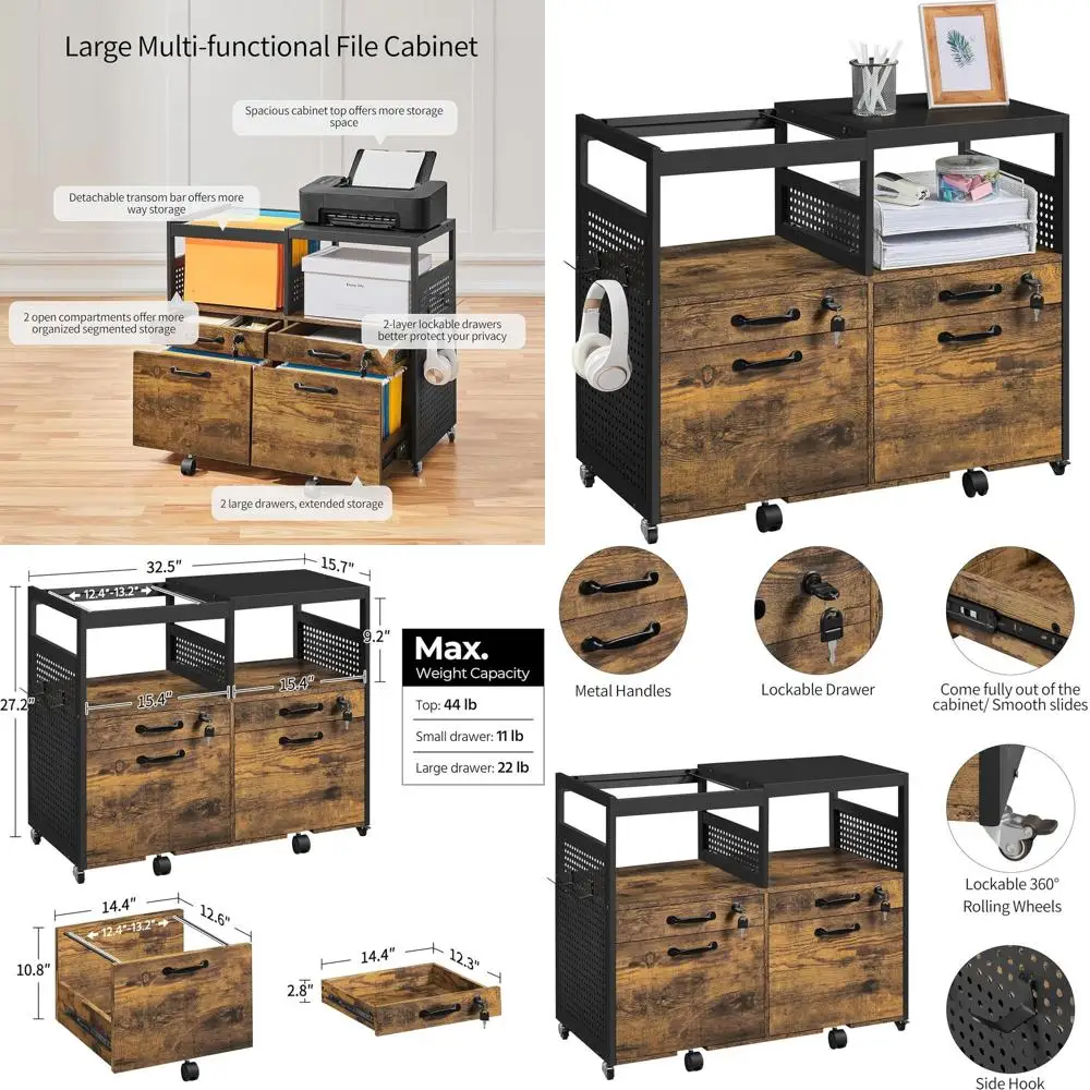 

Rustic Brown Mobile File Cabinet with Drawers, Hooks, and Compartments for Home Office Use