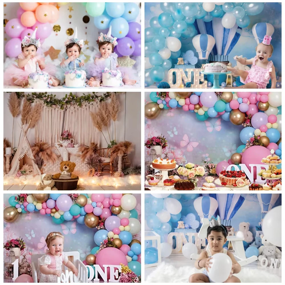 Newborn Baby 1st Birthday Backdrop for Girl Boy First Birthday Party Cake Smash Boho Balloon Photography Background Photo Studio