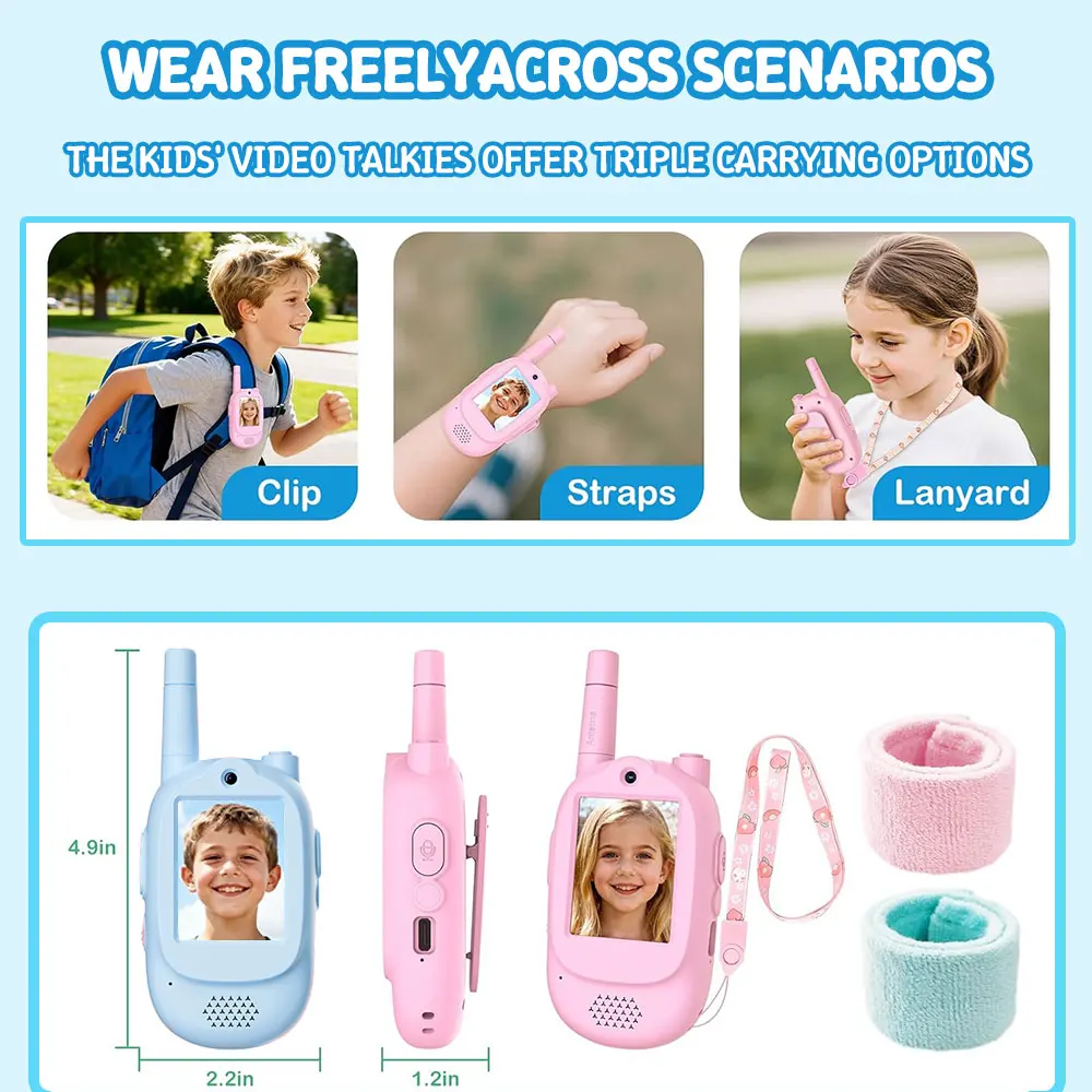 2 PCS Children's Video Walkie Talkie 2.0 inch HD Screen Rechargeable Voice Fonts One-Click Call Cartoon Intercom Gift For Kids