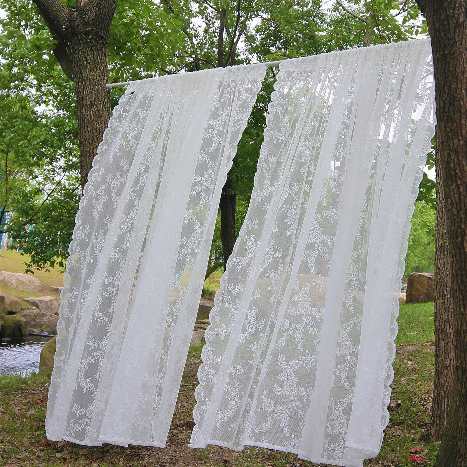 White Floral Lace Sheer Rod Pocket Curtain Panel Semi Transparent Airy Light Filtering For Bedroom Living Room Window Treatment