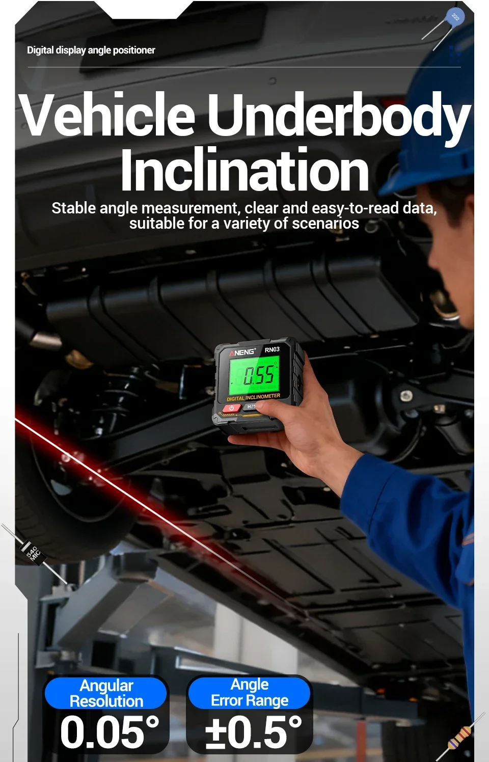 ANENG RN03 Handgehaltener Digitaler Winkelmesser Vierseitiger Magnet Horizontaler Laser Hintergrundbeleuchteter Bildschirm Wiederaufladbares Messgerät – Detail 4