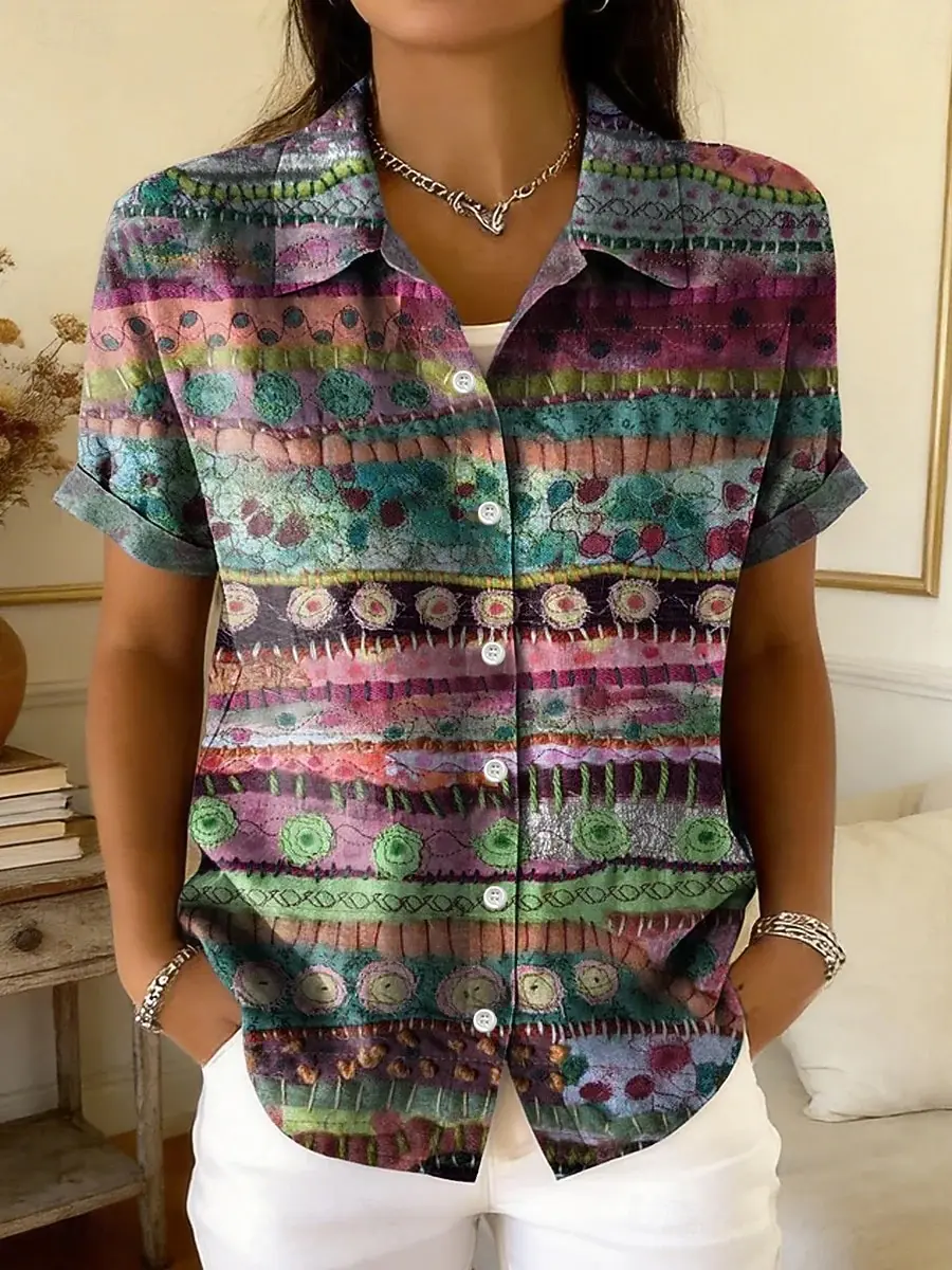 

Women's Vintage Geometric Abstract Print Button Short Sleeve Shirt Collar Tops Stylish Casual Daily Purple Green Wear for Summer